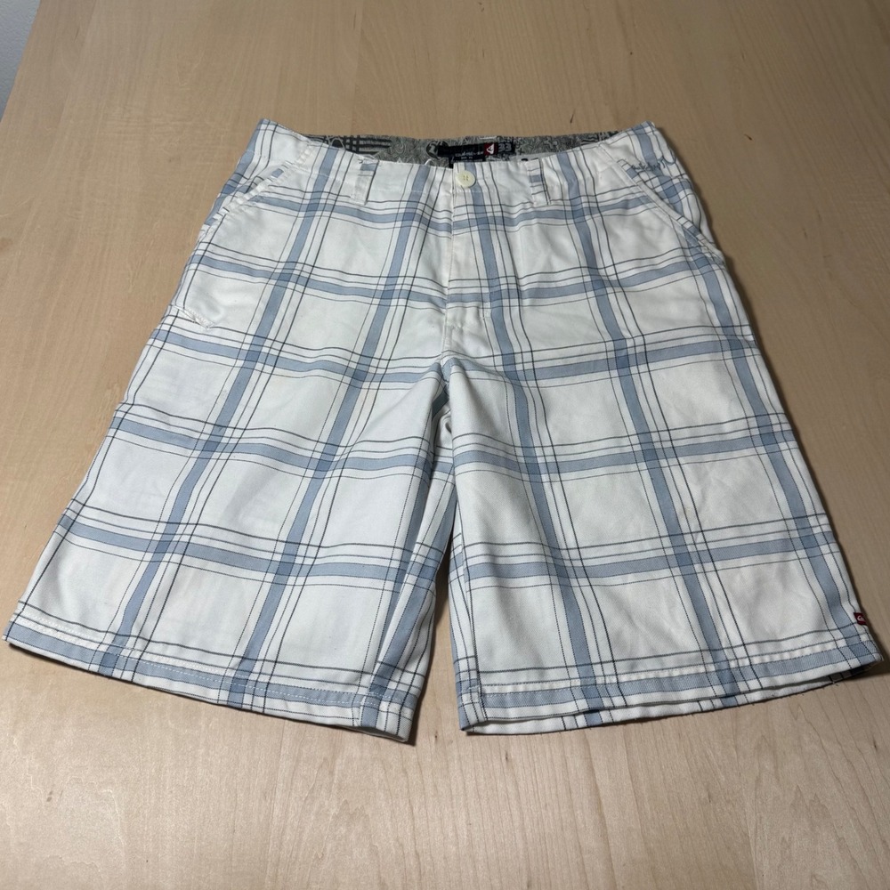 Vintage Y2K Quiksilver Plaid Shorts Mens 33 White Blue Flat Front Surf Skate‎